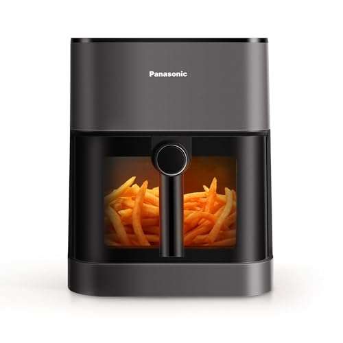 Panasonic NF-CC500SXE Friggitrice ad Aria con Finestra di Ispezione, 5L, 80-200°C, Timer Digitale e LCD, Vapore Delicato, 11 Programmi, Facile Pulizia, Grigio Opaco