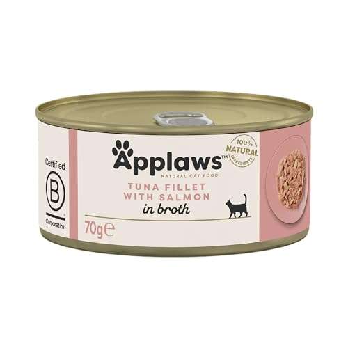 Applaws Alimenti per gatti umidi naturali al 100% con filetto di tonno e salmone di alta qualità in brodo, 24 x 70 g